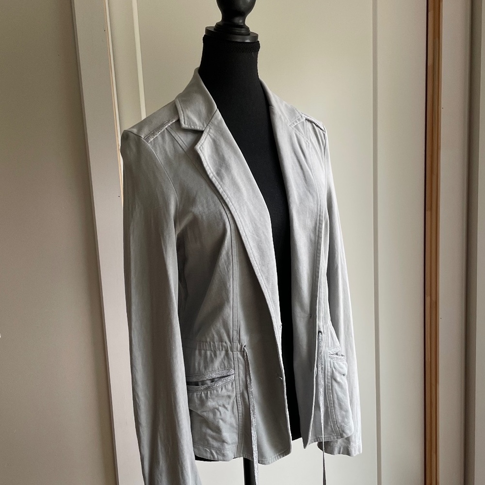 Sandwich Fitted Cinched Waist Grey Cotton  Blazer with Silver Trim
